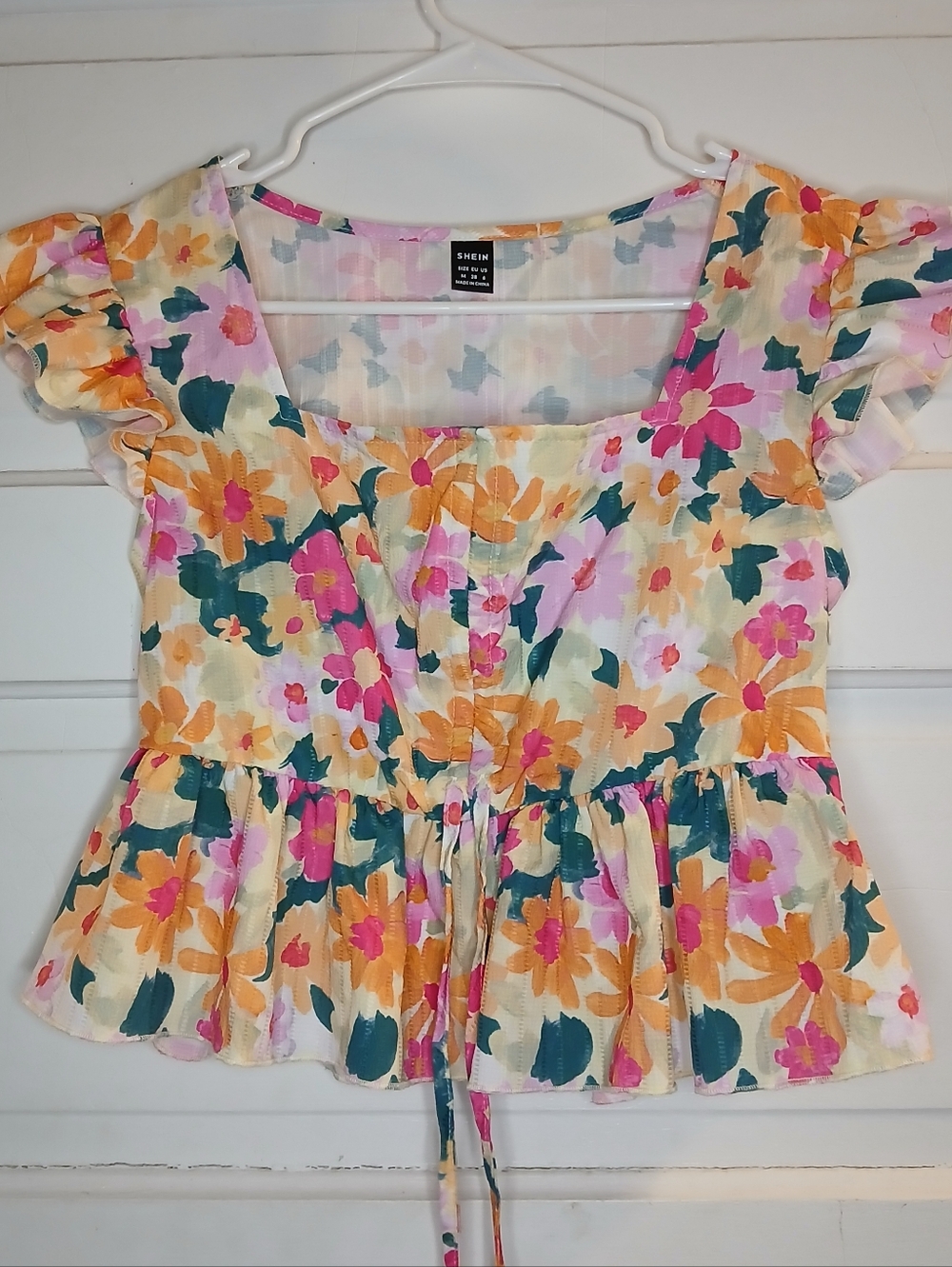 Shein Floral Peplum Blouse Womens Medium M Multicolor Cottagecore Puff Sleeve